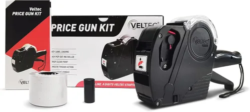 Pistola de Precios Veltec de Inicio 1 Línea, 8 Dígitos – Incluye 2000 Etiquetas Blancas, 1 Entintador y Etiquetas de Inicio Precargadas, y Rodillo
