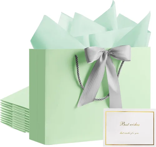 Miniatura 7 de PASEOTA Bolsas de regalo de 12.6" a granel, 10 bolsas de regalo con 20 papeles de seda y 10 tarjetas de felicitación, bolsa de lujo con asas