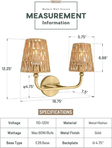 Miniatura 2 de VL837-BG-RA-2 - Lámparas de baño de 2 luces, luces de ratán dorado cepillado, aplique de doble pared con pantalla tejida a mano acampanada, apliques