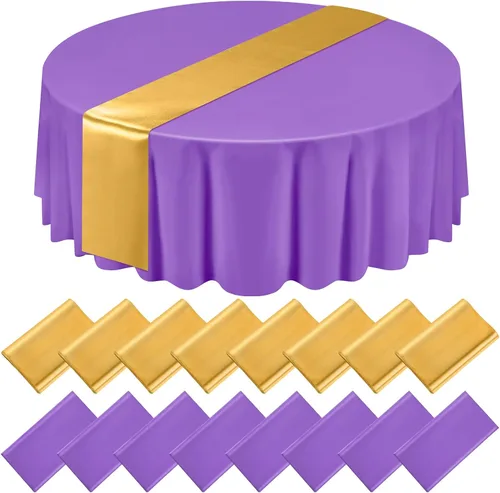 Miniatura 9 de Tudomro Juego de 16 manteles redondos de plástico negro y dorado y camino de mesa de satén de 84 pulgadas, fundas redondas de 12 x 108 pulgadas