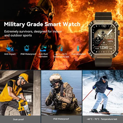 Miniatura 9 de Rugged - Reloj inteligente para hombre, monitor de presión arterial de pantalla grande de 1.83 pies, llamada Bluetooth (respuesta/marcado) IP69K