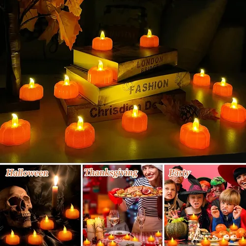 Miniatura 6 de Decoraciones de otoño para el hogar, luces de té de calabaza, paquete de 12 luces LED de calabaza naranja sin llama, velas parpadeantes que