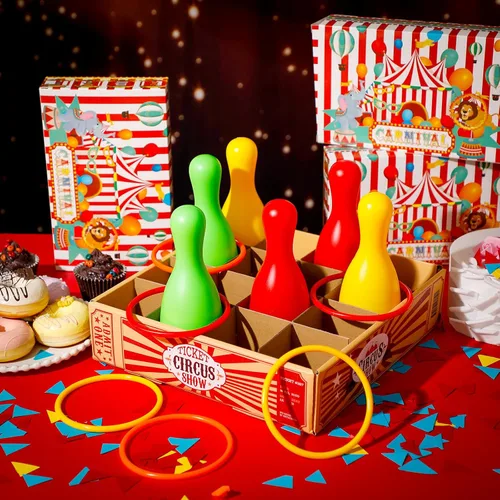 Miniatura 2 de Wettarn Juego de lanzamiento de botellas de carnaval, incluye una caja de boletos de circo, 6 botellas de plástico y 6 anillos de tiro para verano