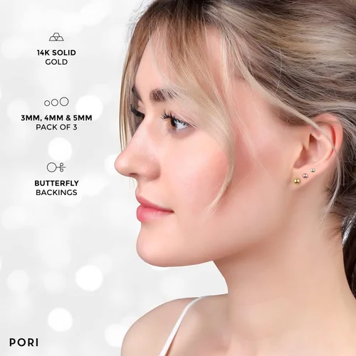 Miniatura 6 de Aretes de bola de tuerca de oro macizo de 14 quilates (3 pares) de 3, 4 y 5 mm (18, 532, 1364 pulgadas), elige un