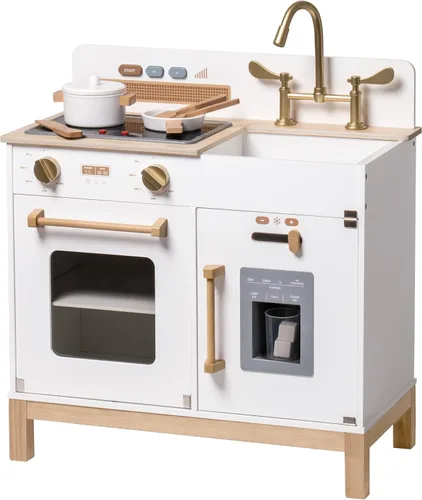 ROBOTIME Juego de cocina para niños pequeños, juego de cocina de madera para niños con luces reales y sonidos/dispensador de cubitos de hielo, Blanco