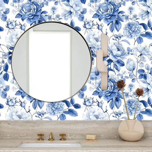 Miniatura 7 de Papel tapiz azul vintage elegante floral autoadhesivo para despegar y pegar, papel de contacto con hojas de peonía botánicas de acuarela blanca