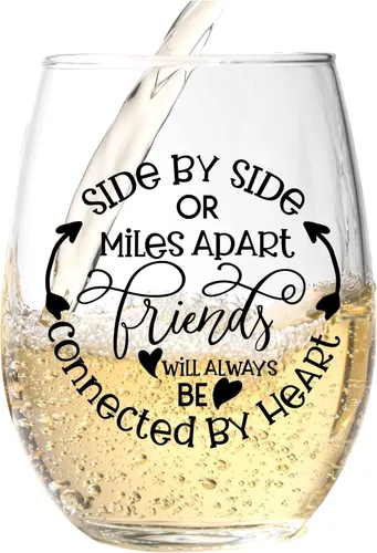 Copa de vino para mejor amiga con la frase "Side By Side Or Miles Apart", mejor amiga para mujeres, hermana, mamá, abuela, nana, ella