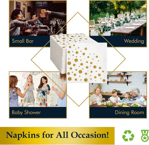 Miniatura 7 de Vplus Paquete de 100 servilletas de cóctel de papel, servilletas de bebidas de 3 capas, servilletas cuadradas doradas desechables, perfectas