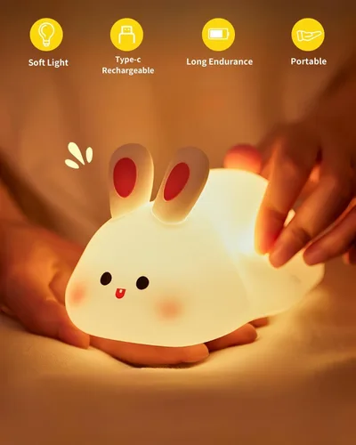 Miniatura 7 de Luz nocturna de conejo de cara grande para niños, lámpara de conejo de silicona blanda con control táctil, 3 niveles de brillo, temporizador