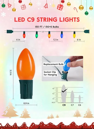 Miniatura 7 de Luces LED vintage C9 de Navidad para exteriores, cadena de luces C9 de 150 pies con 150 bombillas C9 inastillables, impermeables, conectables, luces