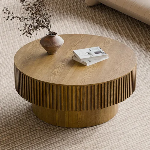 Miniatura 11 de Mesa de centro redonda con almacenamiento, moderna mesa de centro de madera con chapeado de madera maciza, mesa central circular mesa de té de 31.5