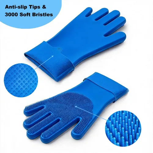Miniatura 4 de 3 piezas de suministros de baño para perros, guantes de lavado para perros y cepillo de champú para mascotas, guante de lavado con 3000 cerdas Azul