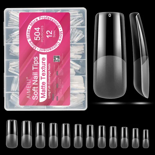 Miniatura 16 de AIMEILI 432 puntas de uñas postizas cortas de almendra, redondas, de cobertura completa, para extensión de uñas de remojo, uñas postizas acrílicas a