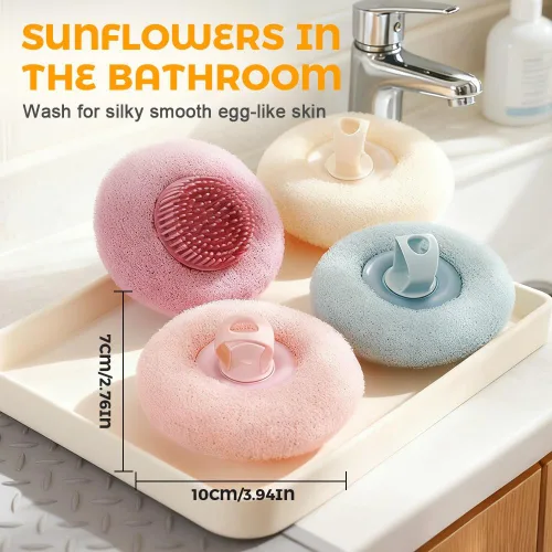 Miniatura 7 de Pelota de Baño Super Suave con Ventosa Giratoria de Girasol, 2025 Nueva Esponja de Baño Exfoliante con Cepillo de Limpieza y Anillos para Dedos