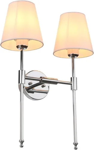 Miniatura 7 de PERMO Lámpara de pared doble clásica cromada 2 luces con pantalla de tela blanca acampanada para montaje en pared rústico