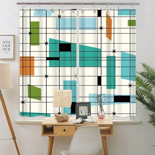 Cortinas de cocina de mediados de siglo, estética, abstracta, geométrica, verde azulado, retro, cuadrícula, Starbursts de los años 50, 1960, juego