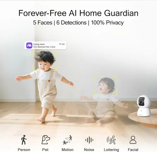 Miniatura 3 de Cámara de Seguridad 5G Interior Paquete de 2, Seguimiento de IA con Reconocimiento Facial Sin Tarifa Mensual, Cámara 3K para Mascotas/Perros