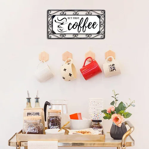 Miniatura 8 de Letrero de café, arte de pared de metal para bar, decoración de cocina y oficina con cita "But First Coffee", letrero para el hogar estilo café, 16