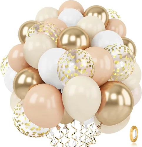 Globos de Confeti Arena Blanca Dorado Rubor, 50 piezas de 12 pulgadas Globos Neutros Beige Dorado Nude para Decoración de Cumpleaños Boda Despedida