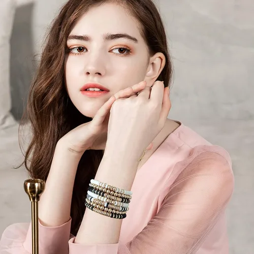 Miniatura 6 de Pulseras de cuentas de arcilla estilo heishi surfista para mujer con discos de vinilo y dije de mal de ojo apilables pulseras elásticas de amistad