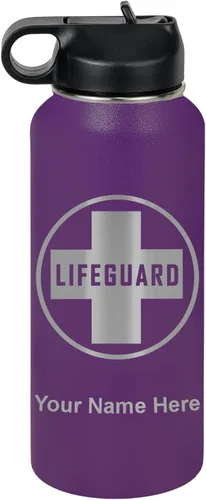 Miniatura 46 de LaserGram Botella de agua personalizada, salvavidas, acero inoxidable de doble pared aislada al vacío con popote superior, regalo grabado Negro