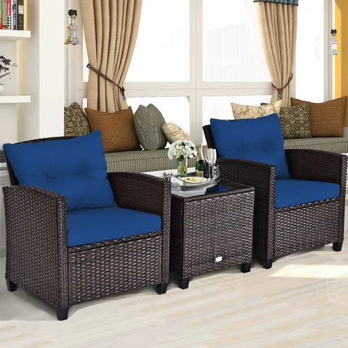 Miniatura 8 de RELAX4LIFE Juego de muebles de patio de 3 piezas, juego de conversación de mimbre con 2 sillones acolchados y mesa con tapa de cristal, juego