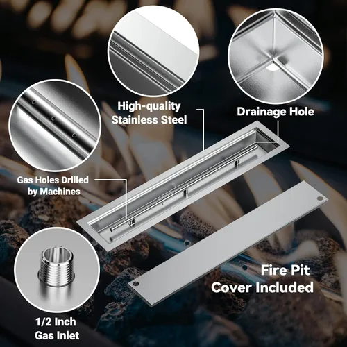 Miniatura 3 de Skyflame Kit de sartén lineal de acero inoxidable para hogueras y protector contra viento de vidrio para hogueras de 36 x 11.5 pulgadas