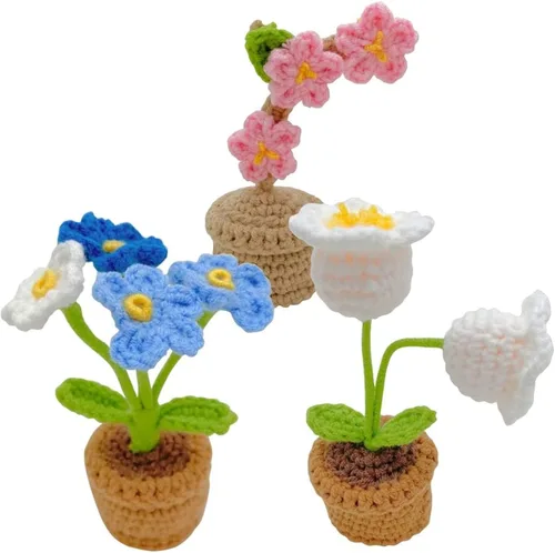 Miniatura 7 de JOONOR 3 piezas de mini tulipanes de ganchillo en maceta, flor de soplo de rosa falsa de punto para baño, hogar, cocina, mesa rústica, centro