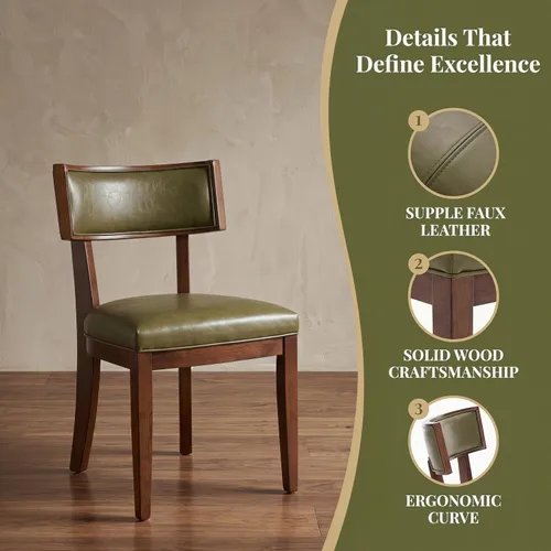 Miniatura 4 de Juego de 2 sillas de comedor modernas de mediados de siglo tapizadas de piel sintética con respaldo curvo, sillas de cocina de granja de madera Verde