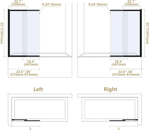 Miniatura 7 de Puerta corrediza de doble oscilación para bañera, puertas de ducha de vidrio templado sin marco de 22-36 x 55 pulgadas, panel de pantalla de baño