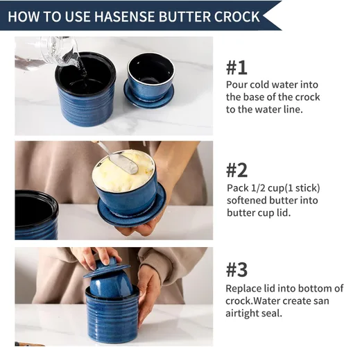 Miniatura 5 de HASENSE Vajilla de mantequilla de cerámica con tapa, plato de mantequilla para encimera con línea de agua, contenedor francés de mantequilla