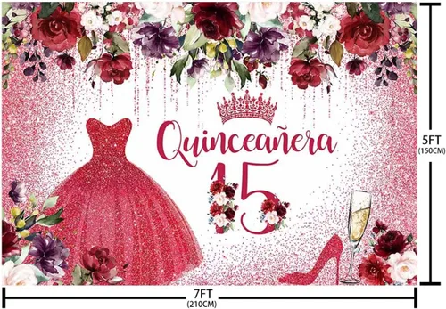 Miniatura 5 de Telón de fondo de feliz cumpleaños número 15 para niña, quinceañera, flores rojas burdeos, fondo de fotografía, corona roja, decoración de fiesta