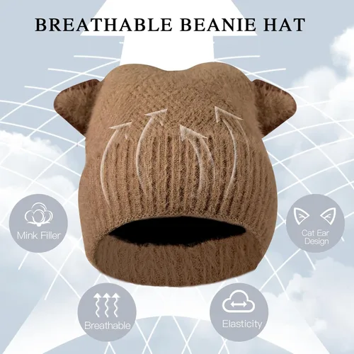 Miniatura 5 de Gorro de punto de invierno para mujer, guantes para pantalla táctil, bufandas, cálido y suave, con orejas de gato, gorras de calavera, bufandas