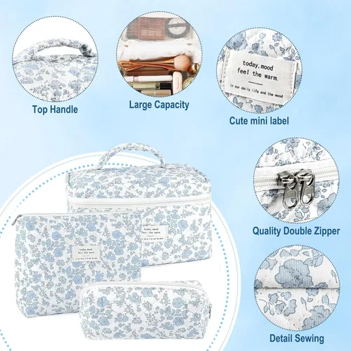 Miniatura 4 de URSKYTOUS Juego de 3 Bolsas de Maquillaje Acolchadas, Set de Bolsas de Cosméticos con Lazo para Viaje, Bolsa Grande de Maquillaje para Mujeres