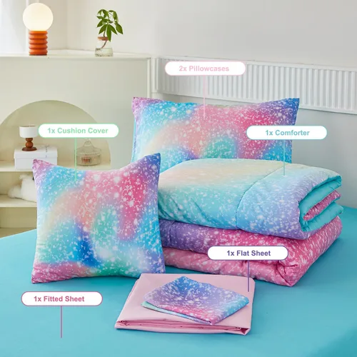 Miniatura 7 de PERFEMET Juego de edredón de tamaño completo para niñas, 6 piezas, rosa verde degradado arcoíris, juego de ropa de cama colorido tie dye con Azul