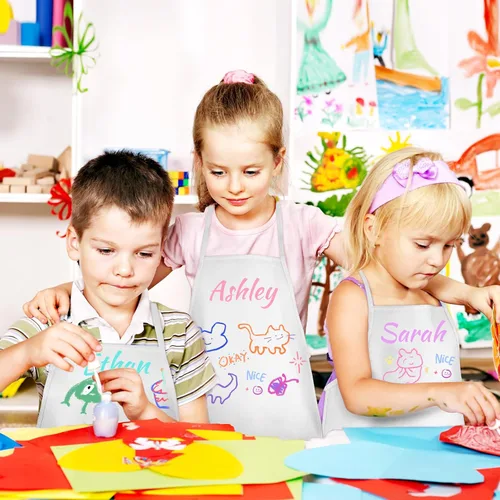 Miniatura 7 de DIY Kids Chef Hat and Apron Set Kids Painting Delantales con bolígrafo de colores y plantillas de manualidades para hornear pintura Artesanía, Blanco