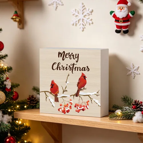 Miniatura 3 de Decoraciones navideñas para interiores, decoración de Navidad, mesa, hogar, habitación, cardenales, oficina, baño, caja de madera, letrero de madera