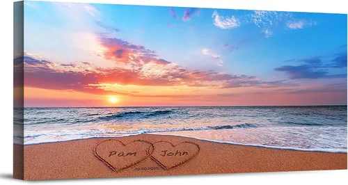 Miniatura 18 de Corazón y corazón en hermoso amanecer fotos personalizadas únicas o impresiones en lienzo con nombres de pareja y fecha especial en la playa, regalo