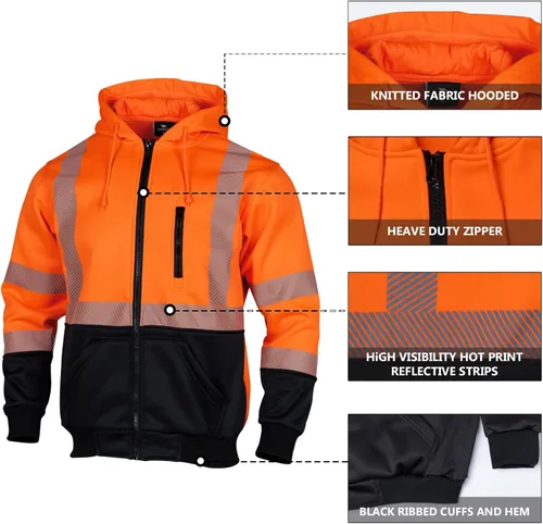Miniatura 5 de VENDACE Sudadera de Forro Polar Reflectante de Alta Visibilidad ANSI Clase 3 para Hombres, Sudadera con Capucha de Alta Visibilidad con Cremallera