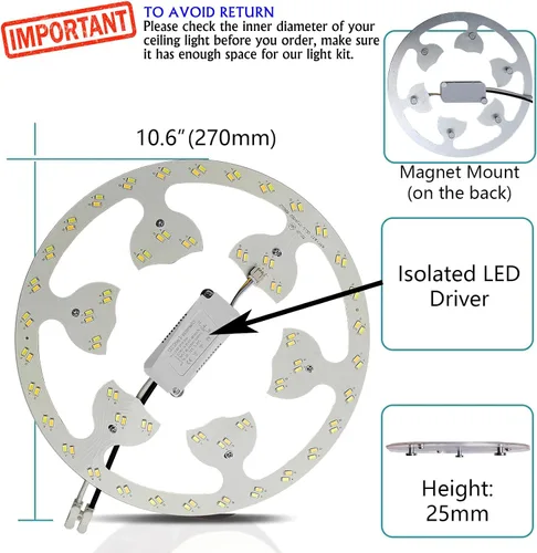 Miniatura 6 de Kit de luz de anillo de ventilador de techo de montaje empotrado LED de 24 W, panel de motor de luz LED de reajuste, 3 CCT: 3000K 4500K 6000K