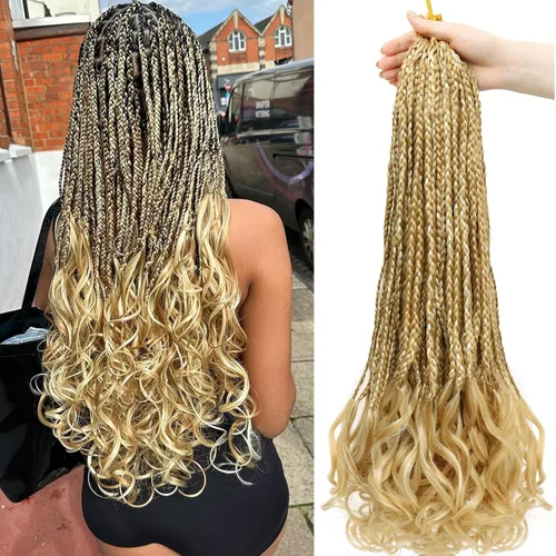 Miniatura 59 de Trenzas de ganchillo rizadas francesas de 22 pulgadas, 8 paquetes, trenzas de caja diosa grises para mujeres, de ganchillo pre-trenzadas con Trenzas