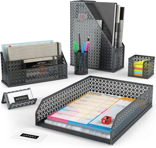 ARTEZA Juego organizador de escritorio, 6 piezas, gris oscuro, incluye vaso para lápices, clasificador de cartas, bandeja, soporte para revistas,