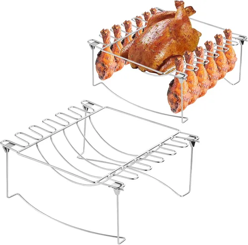 Miniatura 9 de Estante para costillas 3 en 1 para ahumar y patas de pollo para parrilla, capacidad para 6 costillas grandes, 12 alas de pata de pollo, 1 pollo