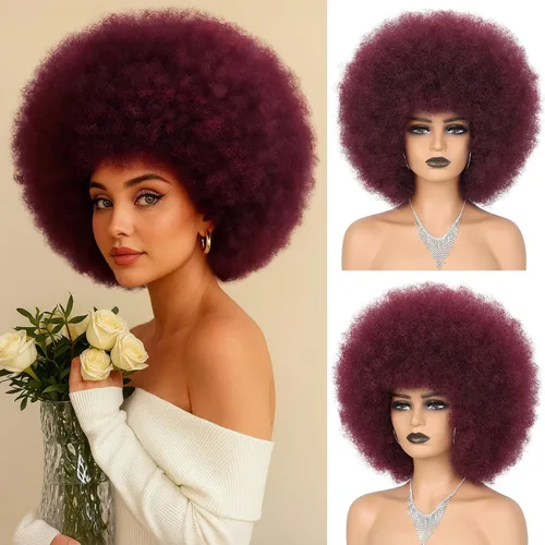 Miniatura 12 de Pelucas afro de los años 70 para mujeres negras, sin pegamento, peluca rizada afro soplada, resistente al calor, pelucas sintéticas para uso diario