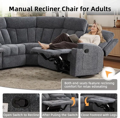 Miniatura 3 de CANMOV Juego de sofá modular reclinable manual, juegos de muebles de tela en forma de L, sofá esquinero modular reclinable y silla reclinable
