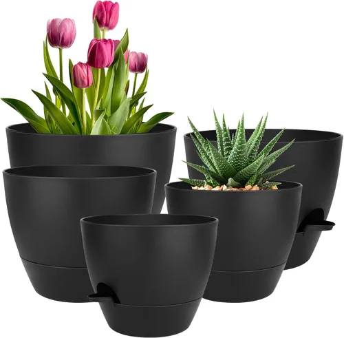 Miniatura 18 de QRRICA Macetas para Plantas de 8/7/6.5/6/5.5/5 Pulgadas con Autoriego, Juego de 6 Macetas de Plástico con Agujeros de Drenaje y Platillos, Macetas