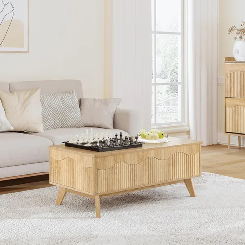 Miniatura 2 de BERRYMERRY Mesa de centro elevable con almacenamiento oculto, mesa de centro acanalada de granja con perfil ondulado, mesa central rectangular Roble