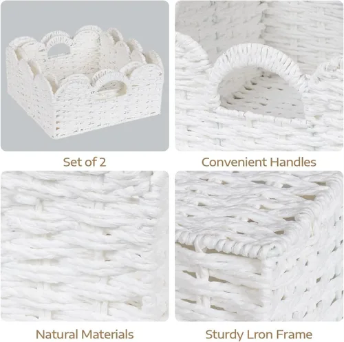 Miniatura 4 de Graciadeco Cesta de mimbre festoneada, cestas de almacenamiento de cuerda de papel natural con asas, organizador tejido a mano, cestas de Blanco