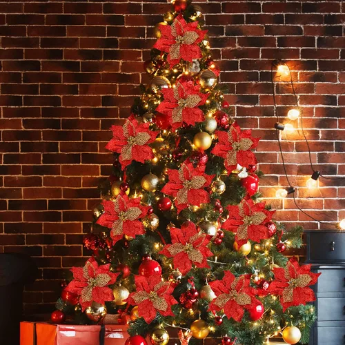 Miniatura 4 de Juego de 20 flores de pascua de 8.7 pulgadas de ancho, 3 capas de flores de Pascua rojas con purpurina, adornos para árbol de Navidad rojo, coronas