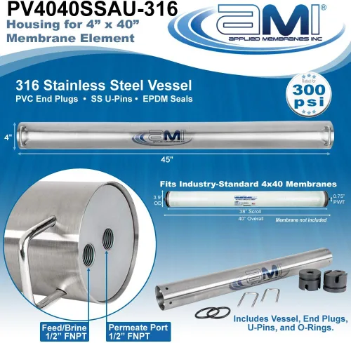Miniatura 3 de APPLIED MEMBRANES, INC. Carcasa de membrana RO 4x40 Recipiente de presión RO de acero inoxidable para elemento de membrana RO, UF, NF, MF de 4 "x